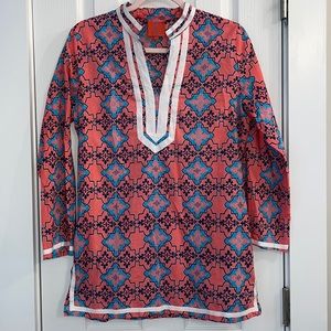 Tracy Negoshian tunic. Coral with blue and turquoise. White trim. Size Small.